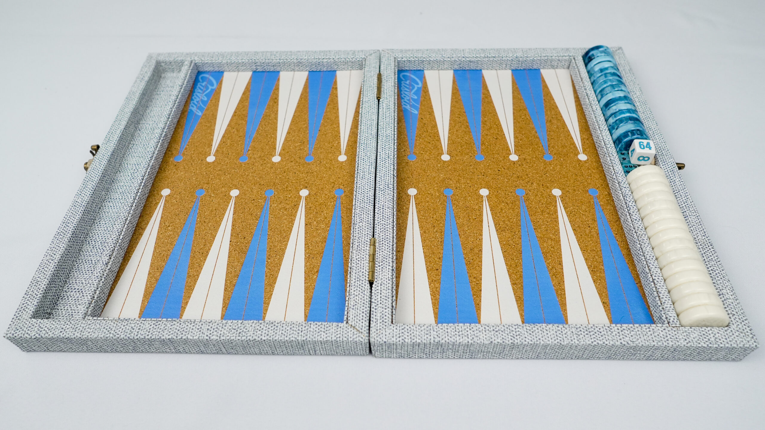 magnetic backgammon board in blue and white