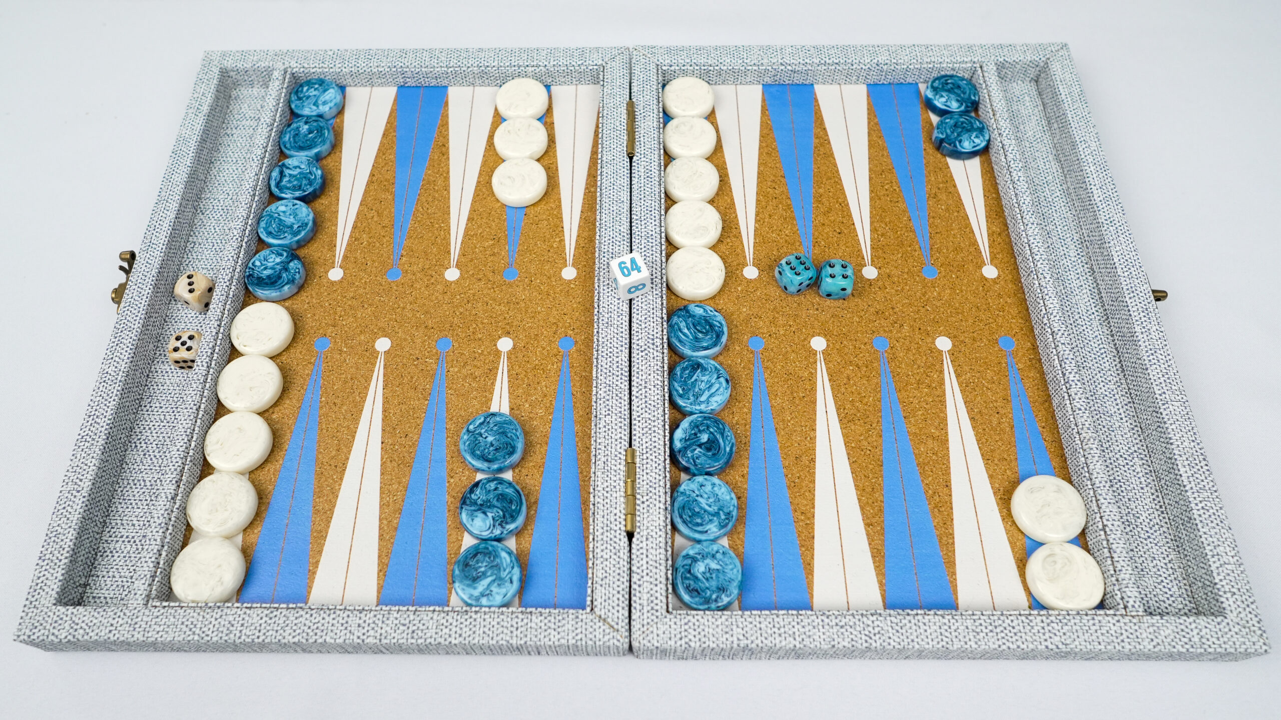 backgammon board with marbled checkers